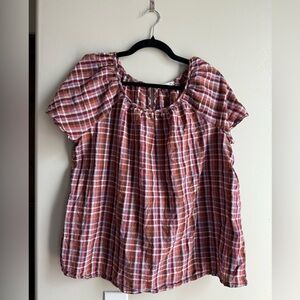 BeachLunchLounge Gingham Peasant Blouse Red Pink Puff Sleeve Cottagecore M
